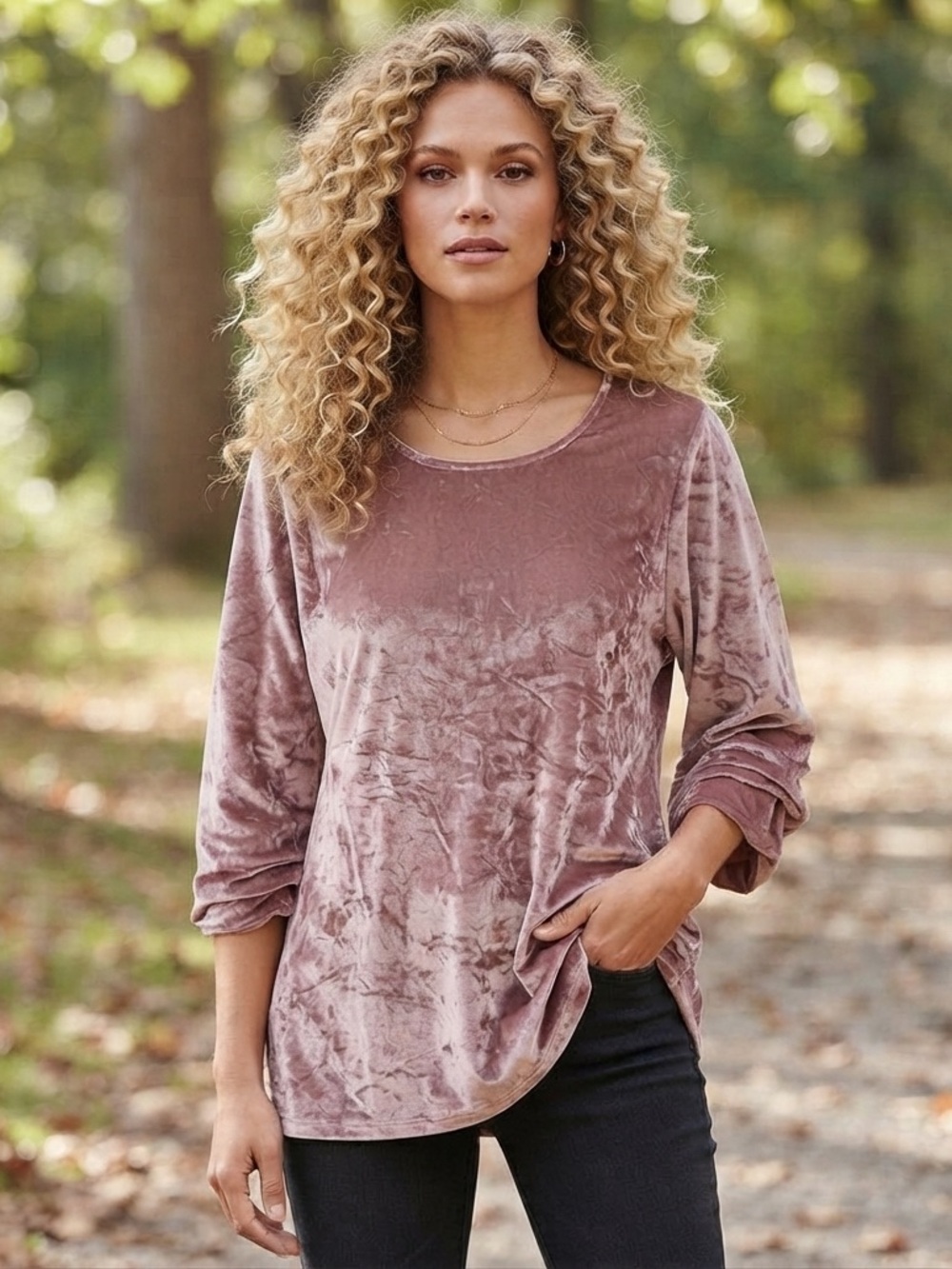 By Design Crushed Velvet Light Pink Tunic Top Medium High-Low Hem Soft Shimmer